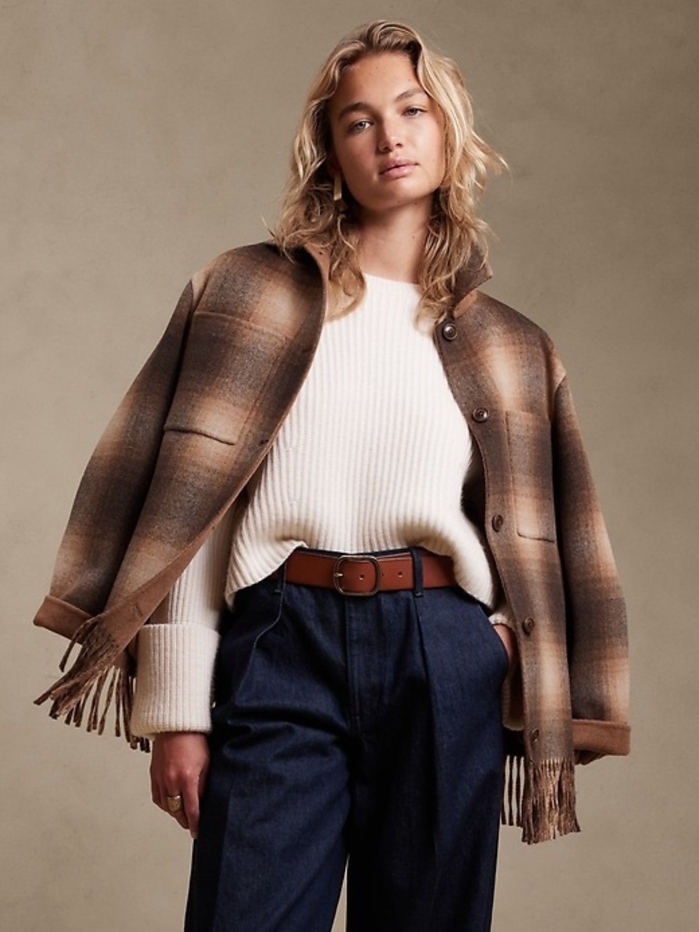 Banana Republic Brown Plaid Fringe Shirt Jacket